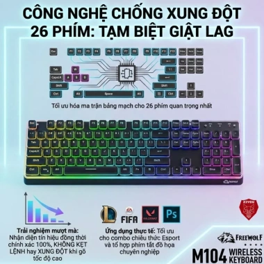 Bàn phím Bluetooth FreeWolf M104 LED RGB, pin 4.000mAh, gõ êm giảm ồn - 599.000 6 Bàn phím Bluetooth FreeWolf M104 LED RGB, pin 4.000mAh, gõ êm giảm ồn - 599.000 6