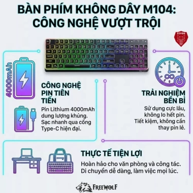 Bàn phím Bluetooth FreeWolf M104 LED RGB, pin 4.000mAh, gõ êm giảm ồn - 599.000 8 Bàn phím Bluetooth FreeWolf M104 LED RGB, pin 4.000mAh, gõ êm giảm ồn - 599.000 8