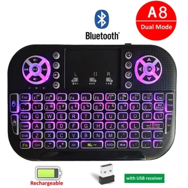 Bàn phím Bluetooth Mini A8 2.4G - Chế độ kép, cầm tay, đèn nền, touchpad, điều khiển từ xa cho Windows & Android TV - Giá ưu đãi 146.300₫