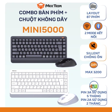 Bàn phím chuột không dây Meetion Mini5.000 Bluetooth 2.4GHz – Phím chống ồn, nhẹ