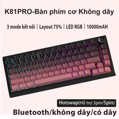 Bàn phím cơ AK82 2.4G/BT, có dây 87 phím Hot-swap, pin 5.000mAh RGB, 499.500 VND