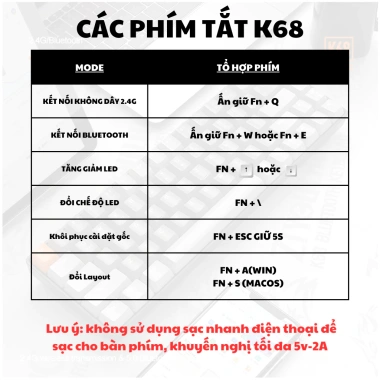 Bàn Phím Cơ Bluetooth Không Dây K68BT Red Switch Hotswap - Kết Nối PC, Phone, Tablet, Giá Ưu Đãi 462k