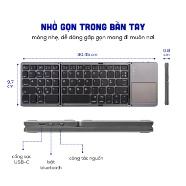 Bàn Phím Gập Gọn Bluetooth Mini với Touchpad, Bảo Hành 3 Tháng Đổi 1 Giá ưu đãi 760.000₫