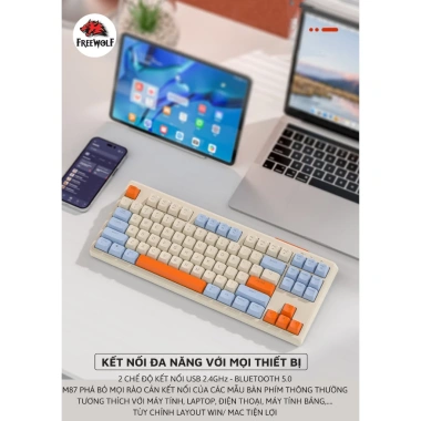 Bàn phím không dây Bluetooth Free Wolf M87 LED cầu vồng 87 phím PBT, pin sạc 509k 2 Bàn phím không dây Bluetooth Free Wolf M87 LED cầu vồng 87 phím PBT, pin sạc 509k 2