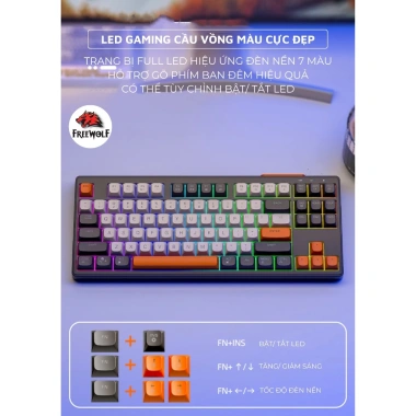 Bàn phím không dây Bluetooth Free Wolf M87 LED cầu vồng 87 phím PBT, pin sạc 509k