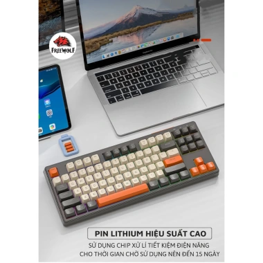 Bàn phím không dây Bluetooth Free Wolf M87 LED cầu vồng 87 phím PBT, pin sạc 509k
