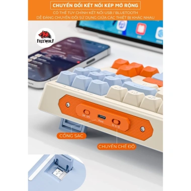 Bàn phím không dây Bluetooth Free Wolf M87 LED cầu vồng 87 phím PBT, pin sạc 509k 8 Bàn phím không dây Bluetooth Free Wolf M87 LED cầu vồng 87 phím PBT, pin sạc 509k 8