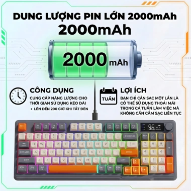 Bàn phím không dây Bluetooth M96 LED 7 màu, PBT cao cấp, 2 mode, màn hình, gõ êm chống ồn - Giá 542.697₫ 4