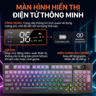 Bàn phím không dây Bluetooth M96 LED 7 màu, PBT cao cấp, 2 mode, màn hình, gõ êm chống ồn - Giá 542.697₫ 6