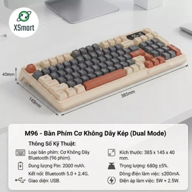 Bàn phím không dây Bluetooth M96 LED 7 màu, PBT cao cấp, 2 mode, màn hình, gõ êm chống ồn - Giá 542.697₫ 7