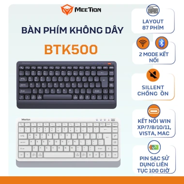 Bàn phím không dây Meetion BTK500 87 phím, chống ồn, Bluetooth/USB, 100h pin sạc, giá 339.000đ
