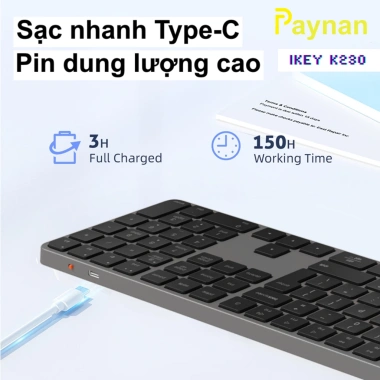 Bàn phím không dây Meetion iKey K230 Dual Mode Bluetooth 2.4G - Full phím không ồn, pin sạc Type-C, giảm còn 619.000 VND