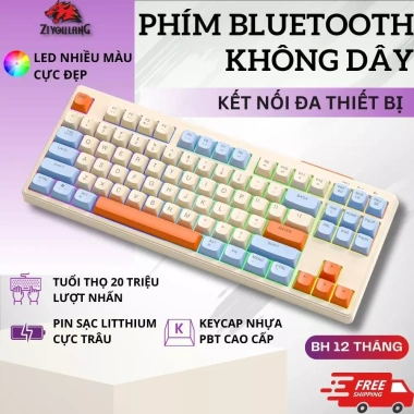 Bàn Phím Không Dây Silent Free Wolf M87 - Led 7 Màu, Phím PBT Cao Cấp, Tương Thích Mọi Thiết Bị, Giá 499.000đ