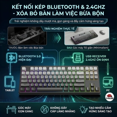 Bàn Phím Không Dây Silent Free Wolf M87 - Led 7 Màu, Phím PBT Cao Cấp, Tương Thích Mọi Thiết Bị, Giá 499.000đ