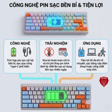 Bàn phím không dây Ziyou Free Wolf M68 Bluetooth 5.3 LED Pro, pin sạc, 279k 7