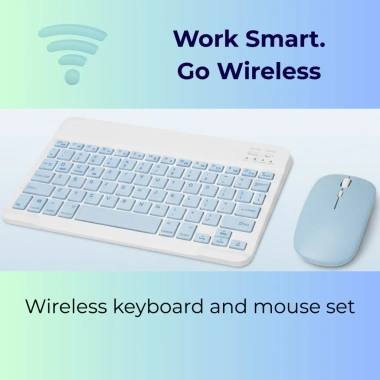 Bàn phím và chuột Bluetooth không dây xanh trắng, phím êm ái, pin sạc, gọn nhẹ