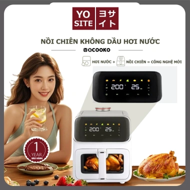 Bản quốc tế Nồi chiên không dầu Qcooko 1.500W 5L Hơi nước, màn hình cảm ứng, thao tác dễ dàng