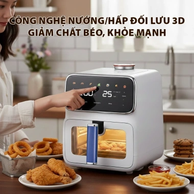 Bản quốc tế Nồi chiên không dầu Qcooko 1.500W 5L Hơi nước, màn hình cảm ứng, thao tác dễ dàng