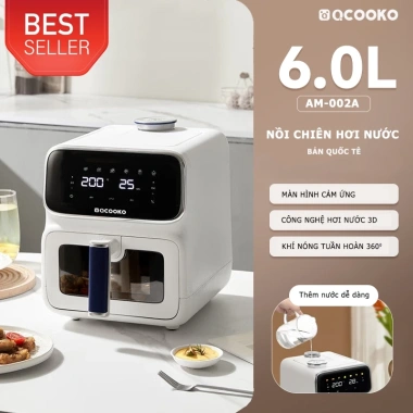 Bản quốc tế Nồi chiên không dầu Qcooko 1.500W 5L Hơi nước, màn hình cảm ứng, thao tác dễ dàng