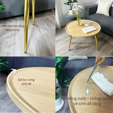 Bàn trà 3 chân inox gỗ MDF 28mm chống nước, chống xước thiết kế hiện đại sofa