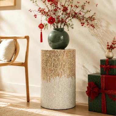 Bàn Trà ECOHUB - Ghế Đôn Gỗ Tròn Khảm Trai, Kệ Console Trang Trí Tết 2.026