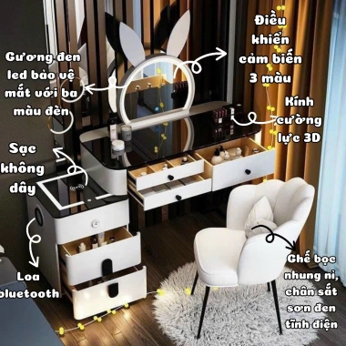 Bàn trang điểm QueenHouse - gương LED, loa Bluetooth, sạc không dây, giảm 22%