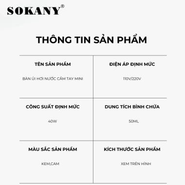 Bàn ủi hơi nước cầm tay mini Sokany 14.011 - Xịt nước xoay 360 độ, 2 mức nhiệt, ủi phẳng nhanh, bảo hành 12 tháng 3