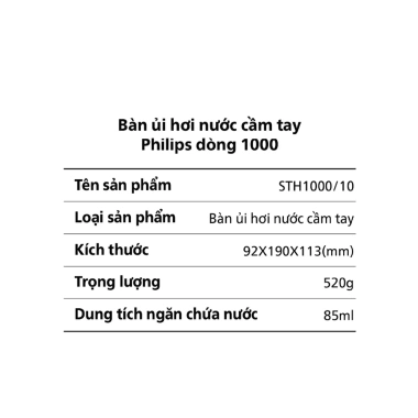 Bàn ủi hơi nước cầm tay Philips STH1.000/10 85ml - diệt khuẩn, loại bỏ mùi, 722.000₫