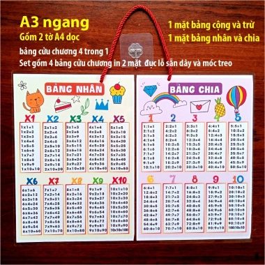 Bảng cửu chương A3 gập mở 4 mặt, đục lỗ dây móc treo - Toán tiểu học, giá ưu đãi 45.000 VNĐ 2