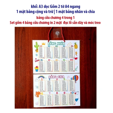 Bảng cửu chương A3 gập mở 4 mặt, đục lỗ dây móc treo - Toán tiểu học, giá ưu đãi 45.000 VNĐ 10