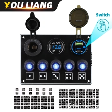 Bảng điều khiển công tắc rocker 5 gang 66W 12V/24V LED vôn kế QC3.0 PD USB kép cho xe hơi RV thuyền