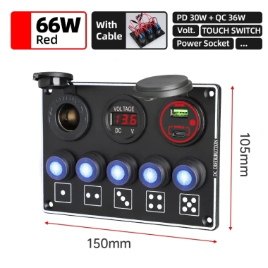 Bảng điều khiển công tắc rocker 5 gang 66W 12V/24V LED vôn kế QC3.0 PD USB kép cho xe hơi RV thuyền 10 Bảng điều khiển công tắc rocker 5 gang 66W 12V/24V LED vôn kế QC3.0 PD USB kép cho xe hơi RV thuyền 10