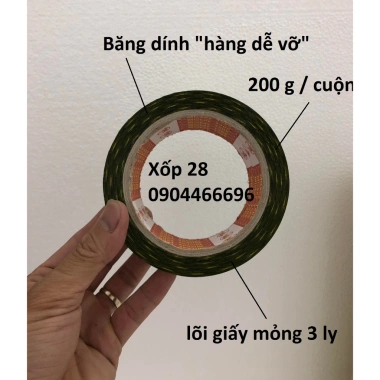 Băng dính dễ vỡ lõi giấy 3 ly 200g, cuộn 0.2kg, đóng thùng xốp, carton, 25.000₫ 2
