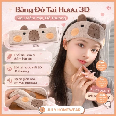 Băng đô rửa mặt Capybara và băng che cài tóc JULYHOMEWEAR - Nhung san hô thấm nước, cao cấp, chỉ 79.000₫