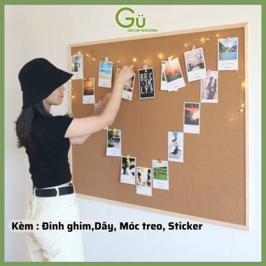 Bảng ghim gỗ 60x90cm - Trang trí tường, ghim ảnh, giấy note, kèm phụ kiện - 73.000