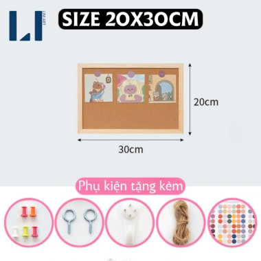 Bảng ghim gỗ bần đa năng kèm sticker, ghim, dây, móc treo, đinh - dùng cho giấy note, tranh ảnh, postcard, giá chỉ 79.000₫