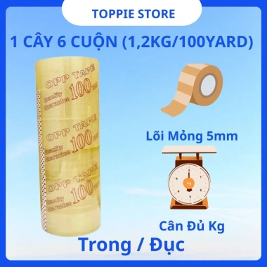 Băng Keo 100Yard 4.7cm 1.2Kg 6 cuộn - Keo dầy, bám dính chắc, dán thùng đóng hàng Toppie