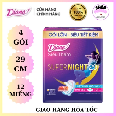 Băng vệ sinh ban đêm Diana Super Night 4 gói 12 miếng, siêu thấm, chống tràn, có cánh - Giá 98.000₫