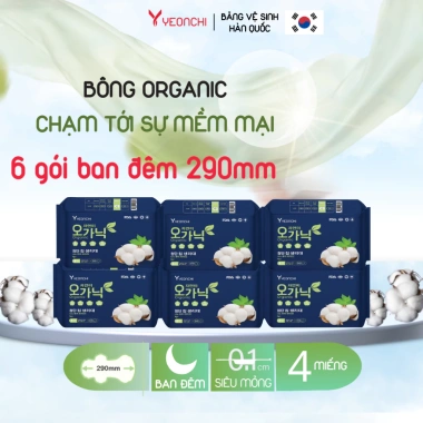 Băng vệ sinh ban đêm Yeonchi Organic 6 tấm 29cm siêu mỏng cánh rộng 160mm từ Hàn Quốc An tâm giấc ngủ