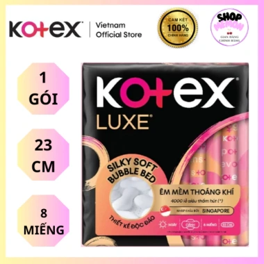 Băng Vệ Sinh Kotex LUXE 23cm 8 miếng - Mặt bông mềm, 4.000 lỗ thấm hút nhanh, giá 30.000đ