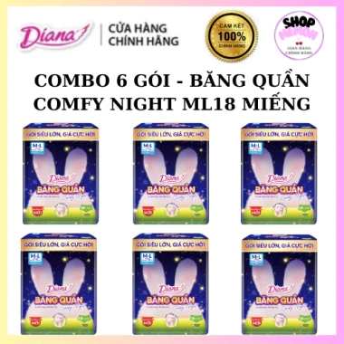 Băng vệ sinh quần Diana Comfy Night size ML 18 miếng - Thùng 6 gói, siêu mềm, thoải mái suốt đêm