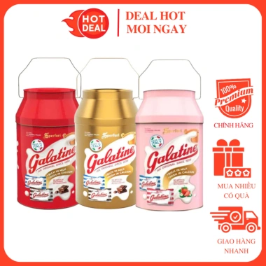 Bánh Kẹo Tết Hộp Thiếc Hình Xô 150g Kẹo Sữa Socola Dâu Galatine - Giảm Giá 325k