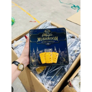 Bánh quy dừa nướng Mushroom hộp thiếc cao cấp 170g 3 màu xanh đỏ vàng - Quà Tết sang trọng, giảm giá 146k