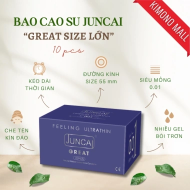 Bao cao su Juncai 55mm siêu mỏng 0.01mm hương dâu, nhiều gel mát lạnh 10 chiếc 70.000₫ 1 Bao cao su Juncai 55mm siêu mỏng 0.01mm hương dâu, nhiều gel mát lạnh 10 chiếc 70.000₫ 1