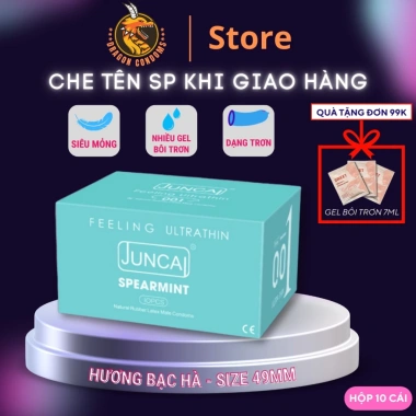 Bao cao su JUNCAI siêu mỏng 49mm 0.01mm hương bạc hà, nhiều gel, giá chỉ 58.000₫ 1 Bao cao su JUNCAI siêu mỏng 49mm 0.01mm hương bạc hà, nhiều gel, giá chỉ 58.000₫ 1
