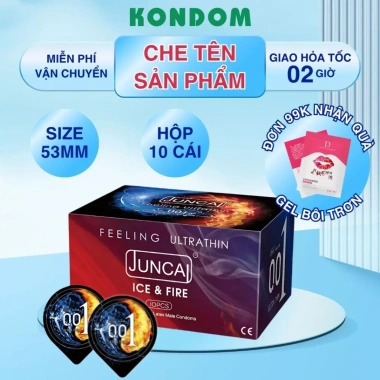 Bao cao su siêu mỏng JUNCAI Lửa Băng 10 cái size 52mm BCS nhiều gel kéo dài