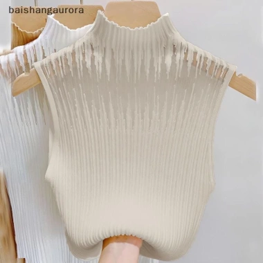 Basa Mùa Hè Nửa Cổ Rùa Rỗng Dệt Kim Áo Vest Nữ Trơn Không Tay Slim Top - Giá 96.228 VND