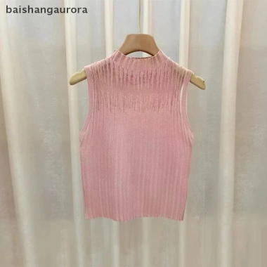 Basa Mùa Hè Nửa Cổ Rùa Rỗng Dệt Kim Áo Vest Nữ Trơn Không Tay Slim Top - Giá 96.228 VND