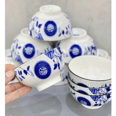 Bát ăn cơm chữ PHÚC, Set 10 chén in xanh 4D - Sứ nhập khẩu Korea Style giá tốt 4