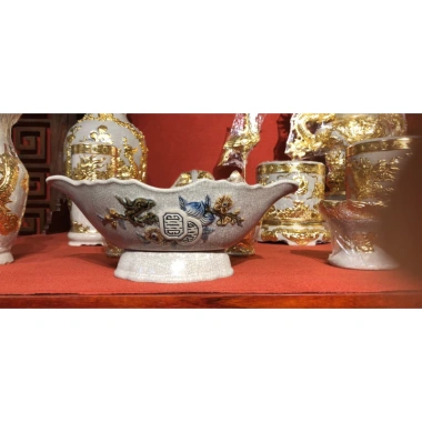 Bát dặt gà cúng men rạn cổ Bát Tràng - Đắp nổi hoa sen, đào thọ, ưu đãi 585.000 VND